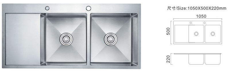 Aço inoxidável 304 Lave de cozinha de chapa Dimensão personalizada Lave de esgoto duplo Estilo impressionante