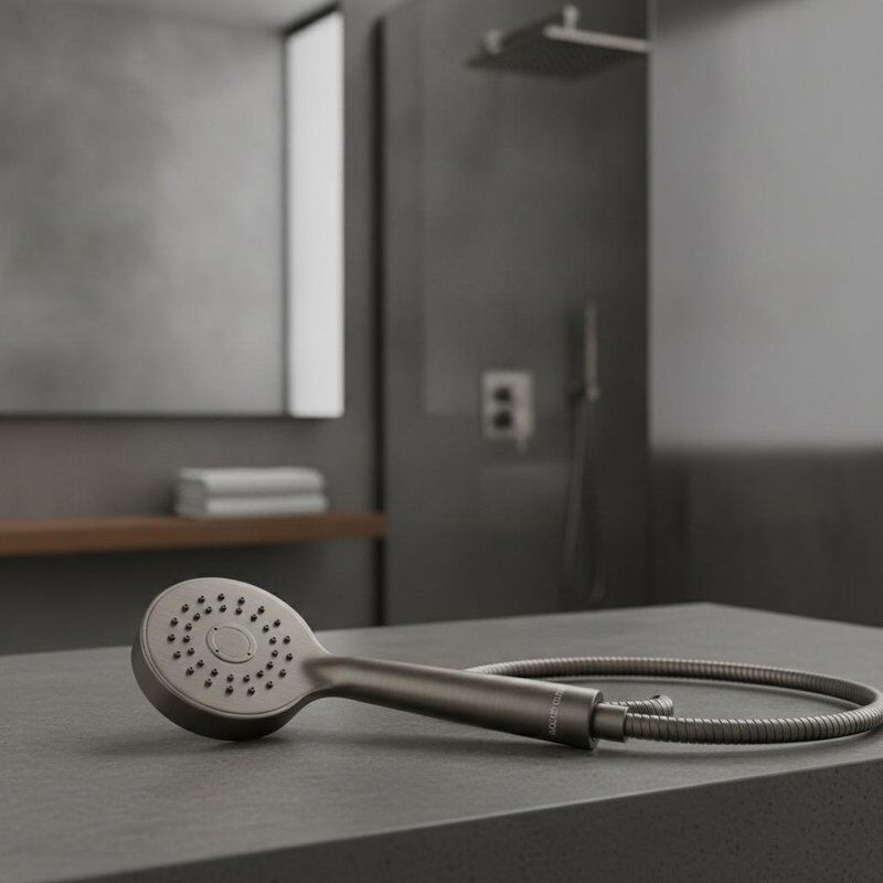 Chuveiro de mão com acabamento em gunmetal projetado para complementar interiores de banheiro contemporâneos, oferecendo funcionalidade e aparência elegante