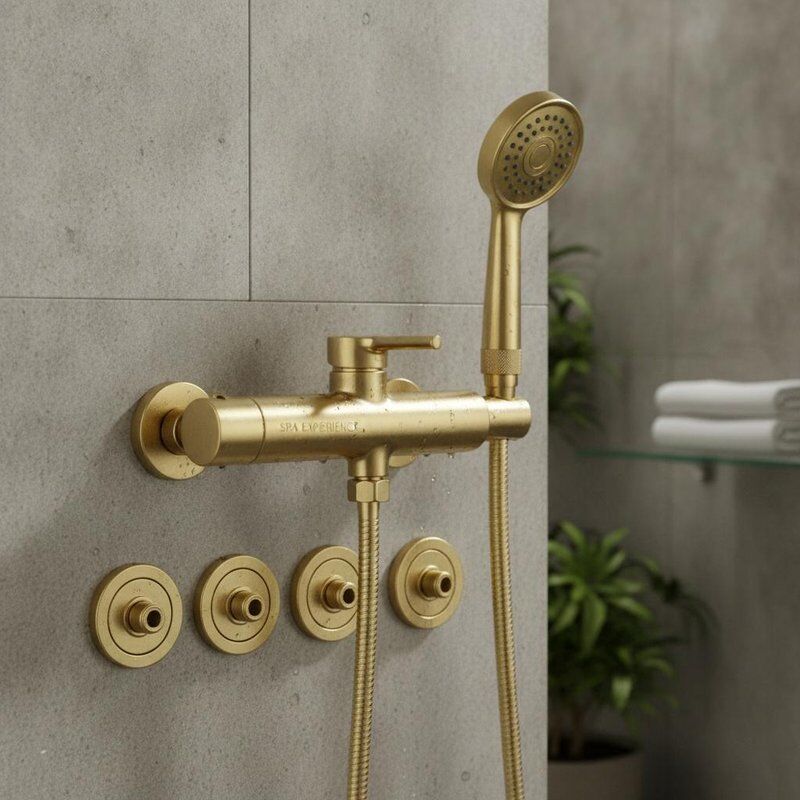 Chuveiro de mão com torneiras incorporando design em latão e tecnologia SPA Waist Jet para uma melhor experiência no banheiro